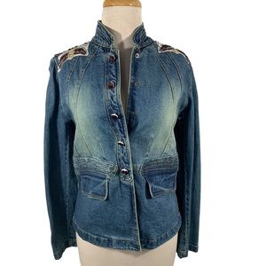 Denim Carabella Jacket with appliqués size M EUC snap front Denim decorative b…